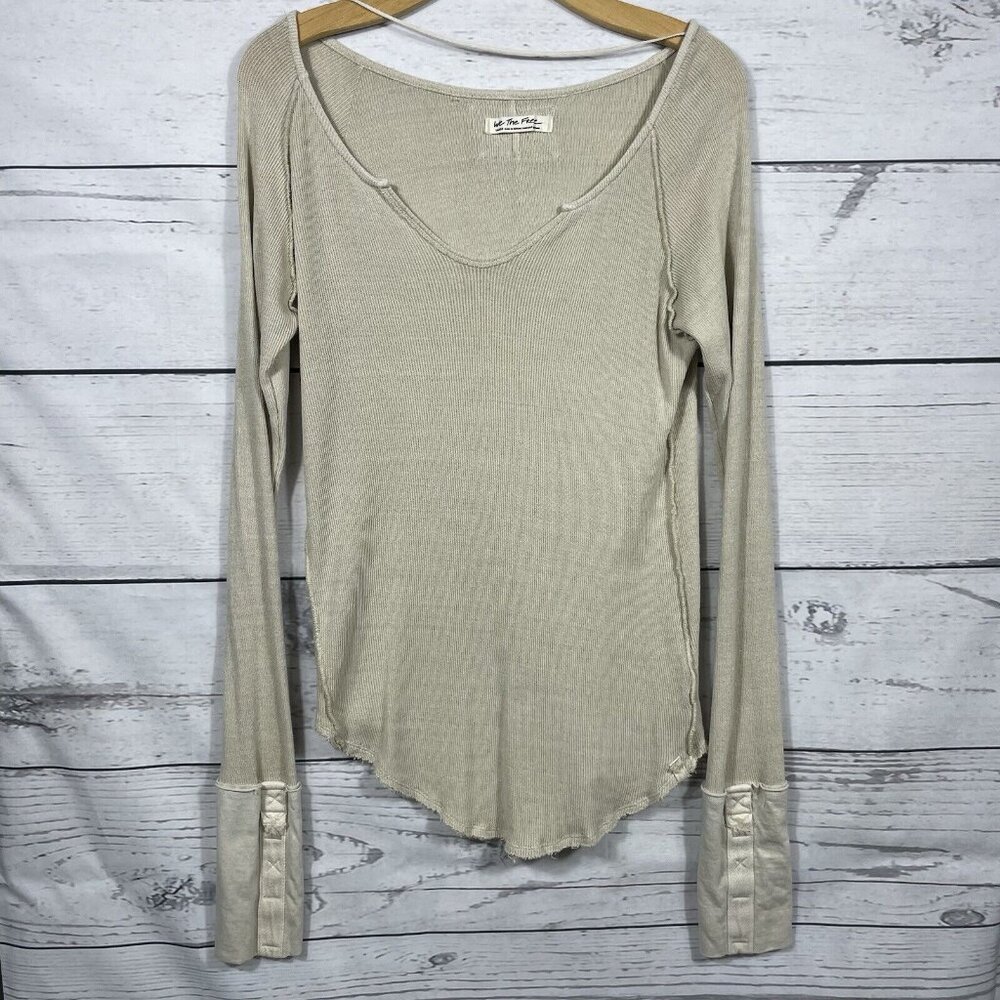 We The Free Layer Up Long Sleeve Waffle Knit Thermal Beige Sz Large See Flaw